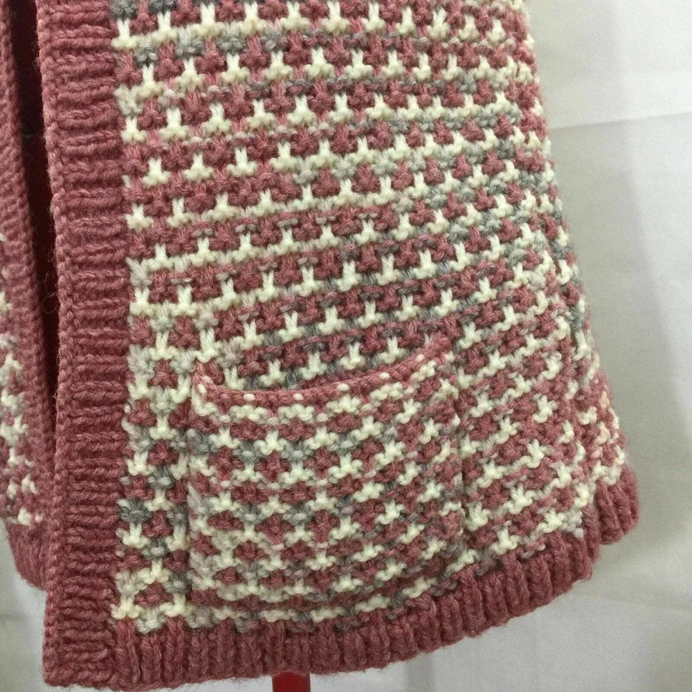 Handmade Open Front Vest Pink White Chunky Knit Sleeveless Cardigan Women Sz S